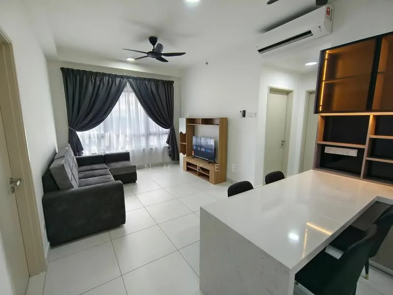 Living features: 3-seater fabric sofa in grey, ceiling fan with light, floor-to-ceiling windows with sheer curtains, wall-mounted TV, TV console, marble dining table, 4 dining chairs, white painted walls, tile flooring, air conditioning unit; style: modern.