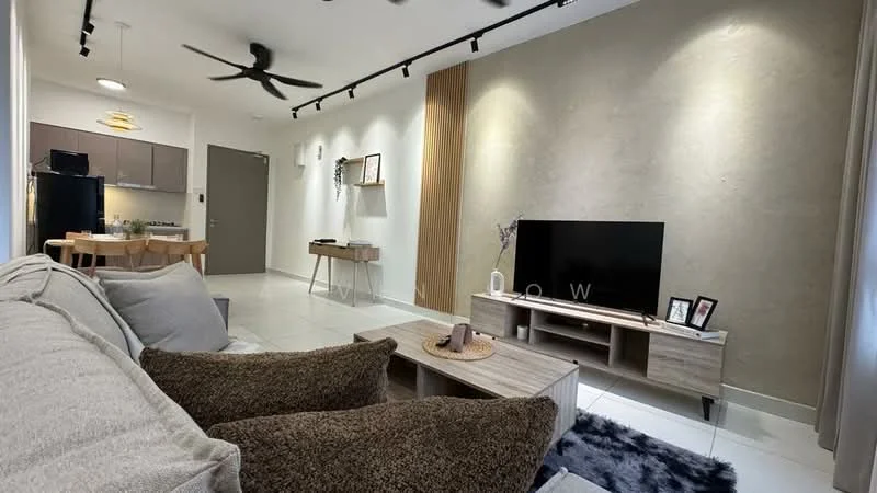 Living features: 3-seater fabric sofa in grey, 2-seater brown fabric sofa, wooden coffee table, TV console, wall-mounted TV, area rug with geometric pattern, 5-blade ceiling fan with light, recessed downlights, decorative wall panel, white painted walls, tile flooring; style: modern. Kitchen features: kitchen island with dining area, black refrigerator, wooden cabinetry, stainless-steel sink, countertop with bar stools; style: modern.
