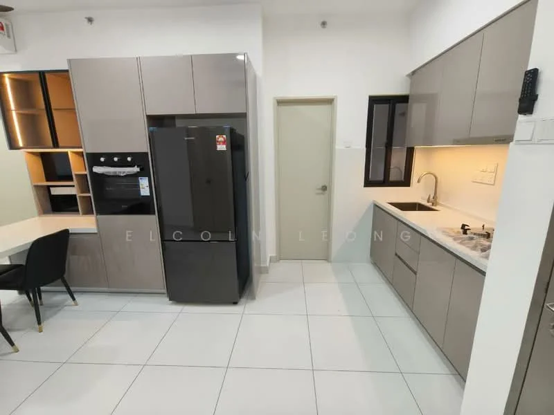 Kitchen features: grey flat-panel cabinets, white quartz countertop, stainless-steel fridge, built-in oven, 4-burner gas hob, single-bowl stainless-steel sink, chrome pull-down faucet, tile flooring, recessed downlights, window with black frame, open shelving, breakfast bar with seating; style: modern.