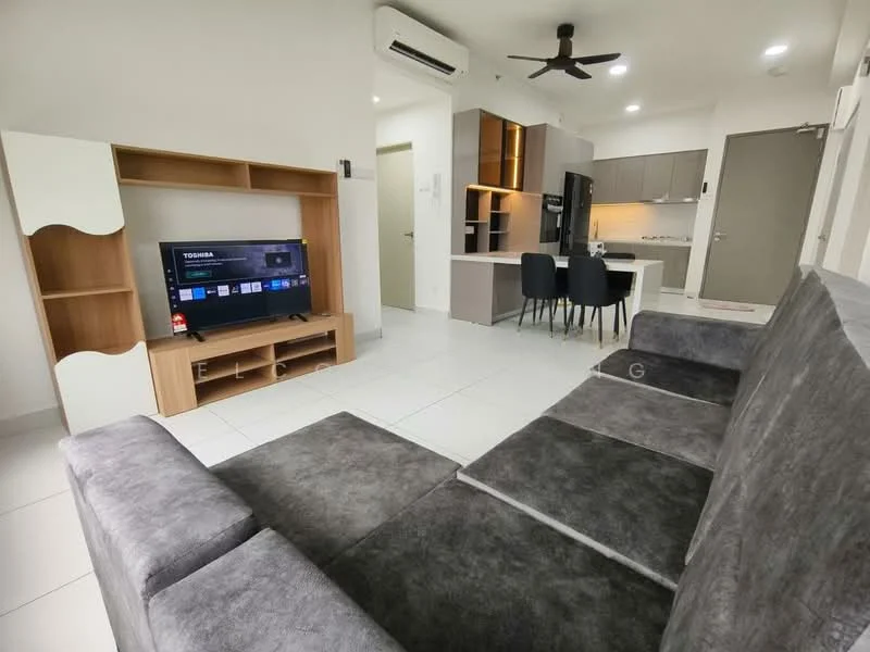 Living features: grey fabric sectional sofa, wall-mounted TV, TV console with storage, white walls, recessed LED downlights, ceiling fan, tile flooring, open layout to kitchen and dining area; style: modern. Kitchen features: kitchen island with seating for four, black refrigerator, built-in oven, stainless-steel sink, grey cabinetry, white countertops, open shelving, tile backsplash; style: modern.