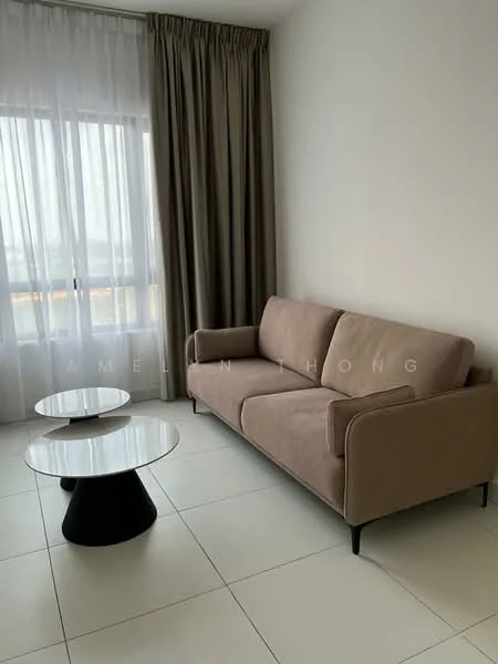 Living features: beige fabric 3-seater sofa, 2 round coffee tables with glass tops, white walls, floor-to-ceiling windows, sheer curtains, tile flooring, neutral color palette, minimalist decor; style: modern; view: city.