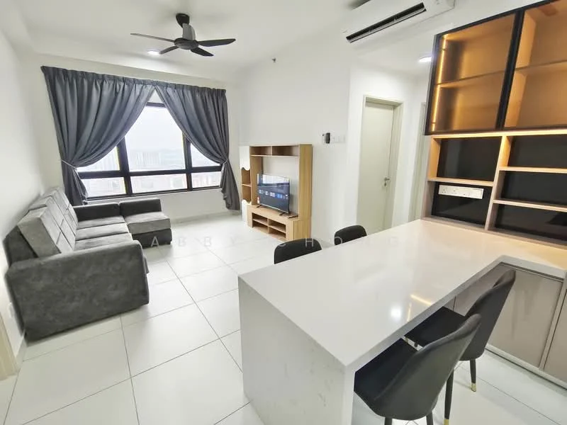 Living features: 3-seater fabric sofa in grey, ceiling fan, floor-to-ceiling windows, curtains in grey, TV console, wall-mounted TV, white tiled flooring, recessed downlights, open shelving unit, dining table with 4 black chairs; style: modern; view: city.
