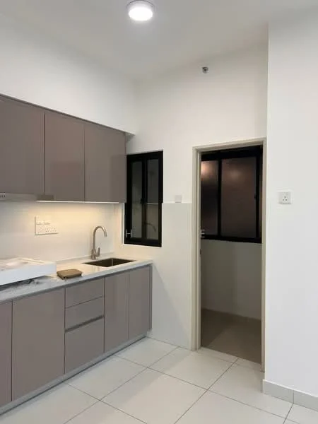 Kitchen features: light grey cabinetry, single-bowl stainless-steel sink, chrome pull-down faucet, white countertop, white tiled backsplash, built-in oven, ceramic tile flooring, recessed downlights, window with black frame, door leading to utility area; style: modern.