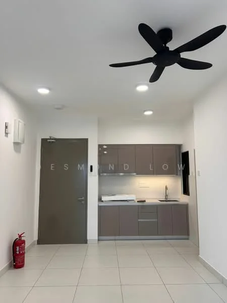 Kitchen features: grey flat-panel cabinets, white countertop, stainless-steel sink, chrome pull-down faucet, built-in oven, stainless-steel range hood, recessed LED downlights, 5-blade ceiling fan with light, fire extinguisher, ceramic tile flooring, white painted walls; style: modern.