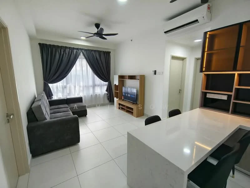 Living features: 3-seater fabric sofa in grey, ceiling fan, floor-to-ceiling windows with sheer curtains, wall-mounted TV, TV console, marble dining table, 4 black dining chairs, white tiled flooring, recessed downlights, decorative wall paneling; style: modern.