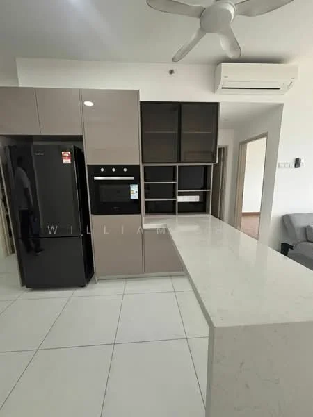 Kitchen features: black stainless-steel fridge, built-in oven, microwave, white quartz countertop, flat-panel grey cabinets, open shelving, ceramic tile flooring, 5-blade ceiling fan, wall-mounted split AC, recessed downlights; style: modern.