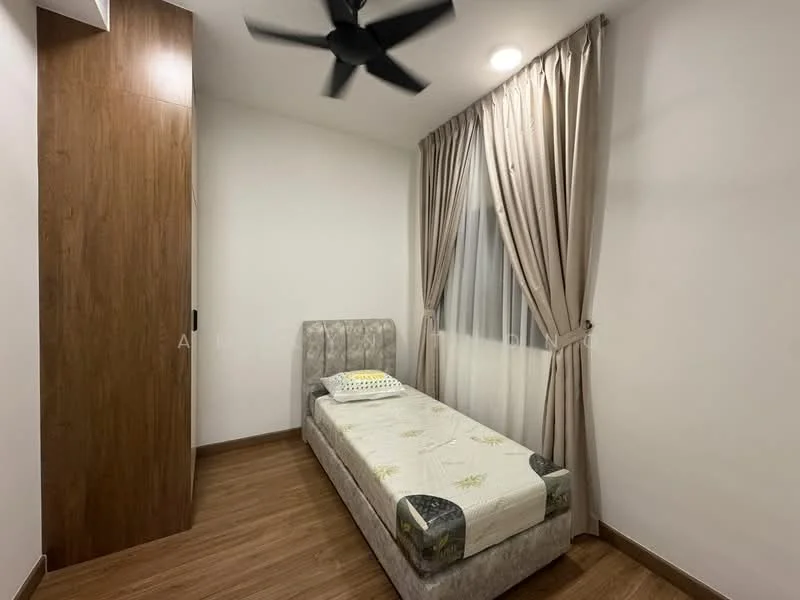 Bedroom features: single bed, upholstered headboard, wooden flooring, white painted walls, floor-to-ceiling window, sheer curtains, 5-blade ceiling fan, built-in wardrobe with wood finish; style: modern.