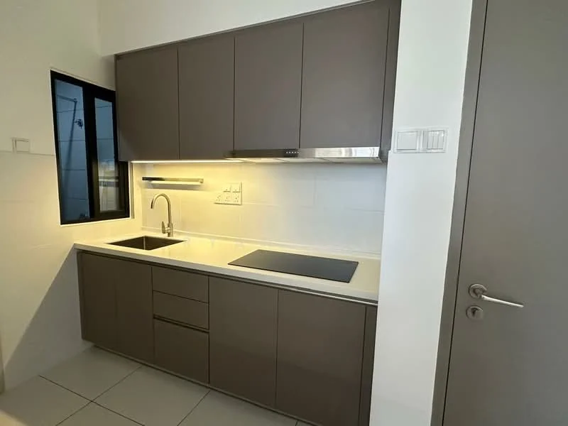Kitchen features: grey cabinetry, white quartz countertop, single-bowl stainless-steel sink, chrome pull-down faucet, built-in induction hob, under-cabinet lighting, tile backsplash, floor-to-ceiling window, light grey tile flooring; style: modern.
