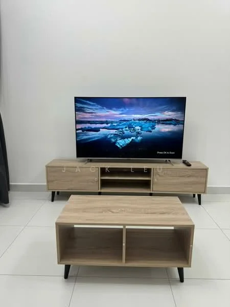 Living features: white painted walls, glossy tile flooring, wooden TV console, flat-screen TV, coffee table with open shelving, remote control on table, curtains, decorative artwork on TV screen; style: modern.