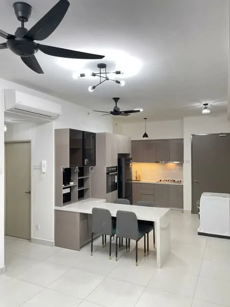 Kitchen features: grey cabinetry, white countertop, built-in oven, stainless-steel range hood, 4-burner gas hob, double-bowl stainless-steel sink, chrome pull-down faucet, pendant light, recessed LED downlights, 2-seater dining table, grey upholstered dining chairs, wall-mounted split AC, white tiled flooring, exposed ceiling with light fixtures; style: modern.