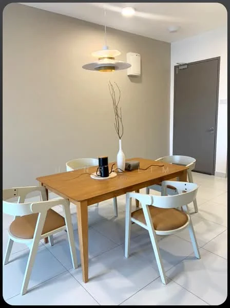 Dining features: wooden dining table, 4 white dining chairs with beige cushions, pendant light fixture, decorative vase, minimalist decor, white tiled flooring, grey painted wall, wall-mounted air conditioning unit; style: modern.