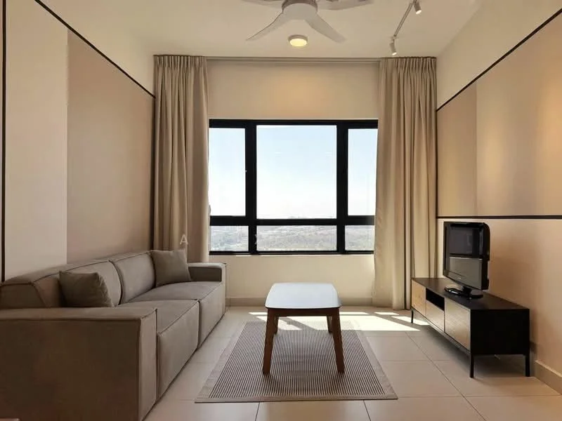 Living features: 3-seater fabric sofa in grey, wood coffee table, TV console, wall-mounted TV, floor-to-ceiling windows, sheer curtains, recessed downlights, ceiling fan, light-colored walls, tile flooring, area rug with geometric pattern; style: modern; view: city.