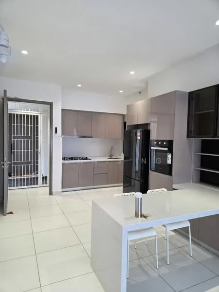 Kitchen features: grey flat-panel cabinets, white quartz countertop, single-bowl stainless-steel sink, chrome pull-down faucet, built-in oven, freestanding range oven, stainless-steel fridge, 4-burner gas hob, tile flooring, recessed downlights, open shelving, kitchen island with seating, wall-mounted cabinets, laundry area visible through door; style: modern.