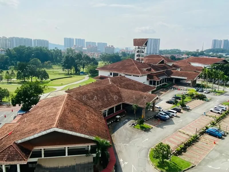 Exterior type: clubhouse; features: red tiled roof, white painted facade, large outdoor parking area, manicured lawn, surrounded by greenery, multi-storey building, landscape garden, adjacent to golf course, outdoor seating area; style: traditional.