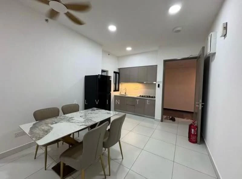 Dining features: dining table with marble top, 4 upholstered dining chairs, white painted walls, tile flooring, ceiling fan, recessed LED downlights, black fridge, kitchen cabinetry, kitchen countertop, open layout to kitchen; style: modern. Kitchen features: kitchen cabinets, stainless-steel sink, built-in stove, oven, tile backsplash.