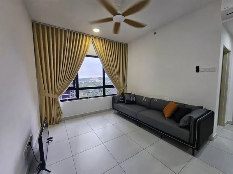 Living features: grey fabric sofa, orange accent cushion, floor-to-ceiling window, sheer curtains, black TV console, wall-mounted TV, recessed downlights, ceiling fan, white painted walls, tile flooring; style: modern; view: city.