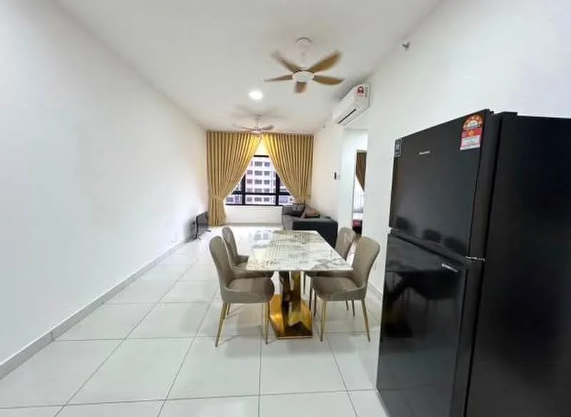 Dining features: 4-seater dining table with marble top, upholstered dining chairs in beige, white painted walls, tile flooring, 2 ceiling fans, floor-to-ceiling window with sheer curtains, air conditioning unit, decorative wall clock; style: modern; view: city. Living features: sofa in dark color, coffee table, TV console, area rug; style: modern; view: city.