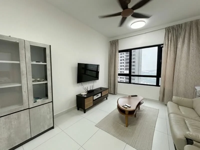 Living features: white painted walls, light-colored tile flooring, 5-blade ceiling fan, recessed ceiling light, floor-to-ceiling windows, curtains, wall-mounted TV, TV console with storage, coffee table, beige leather sofa, area rug; style: modern; view: city.