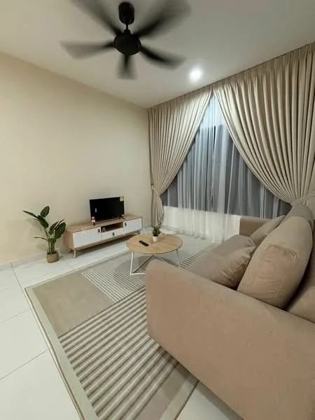 Living features: beige fabric sofa, round coffee table, TV console, wall-mounted TV, area rug with striped pattern, floor-to-ceiling windows, sheer curtains, blackout curtains, ceiling fan, potted plant, white tiled flooring, light beige painted walls; style: modern.