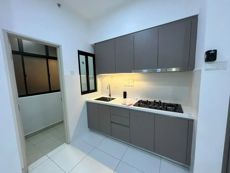 Kitchen features: grey flat-panel cabinets, white countertop, single-bowl stainless-steel sink, chrome pull-down faucet, 4-burner gas hob, built-in oven, white tiled backsplash, recessed downlights, white tiled flooring, floor-to-ceiling window, wall-mounted kitchen hood; style: modern. Room features: glass window, white walls, grey tiled flooring.