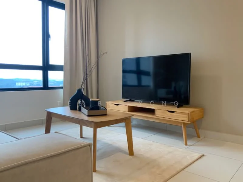 Living features: light grey sofa, wooden coffee table, TV console in light wood, large flat-screen TV, floor-to-ceiling windows, curtains in neutral color, neutral painted walls, tile flooring; style: modern; view: city.