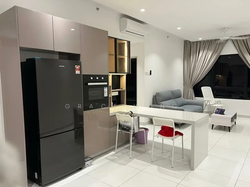Kitchen features: black fridge, built-in oven, grey cabinetry, white countertop, bar stools, open shelving, recessed downlights, white tiled flooring, white walls, air conditioning unit; style: modern. Living features: grey fabric sofa, white armchair, coffee table, TV console, floor-to-ceiling windows with curtains, recessed downlights, white walls, white tiled flooring; style: modern.