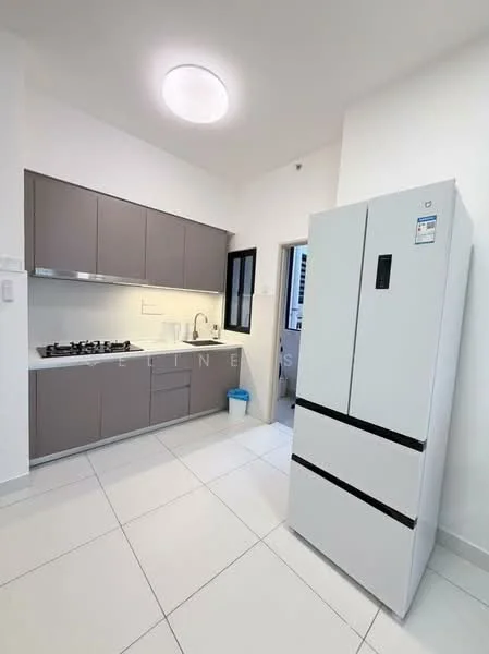 Kitchen features: white walls, grey cabinetry, stainless-steel sink, chrome pull-down faucet, 4-burner gas hob, built-in oven, white refrigerator, tile flooring, ceiling light, window with black frame; style: modern.
