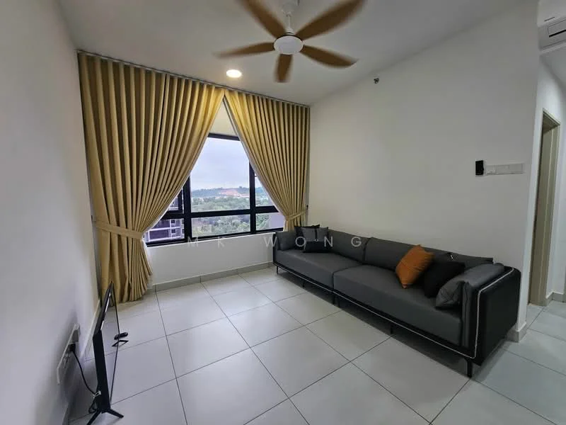 Living features: grey fabric sofa, 5-blade ceiling fan with light, floor-to-ceiling window, curtains in beige, white painted walls, tile flooring, TV console, wall-mounted TV, decorative wall, natural light from window; style: modern; view: city.
