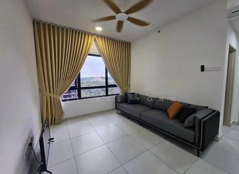 Living features: grey fabric sofa, orange accent cushion, floor-to-ceiling window, sheer curtains, blackout curtains, ceiling fan, wall-mounted TV, tile flooring, white painted walls, decorative wall panel; style: modern; view: city.