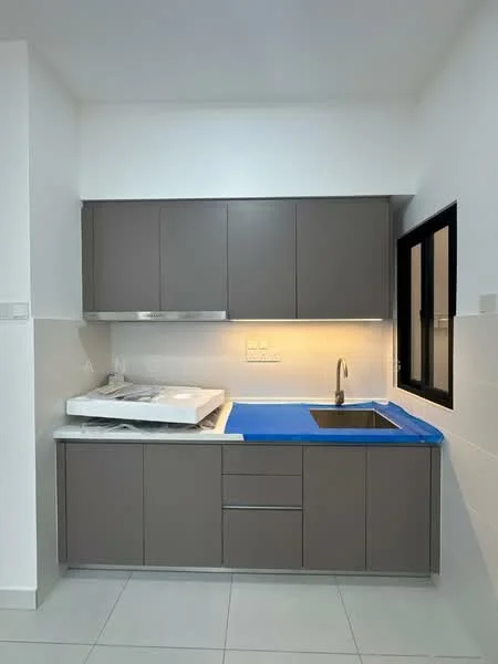 Kitchen features: grey cabinetry, white countertop, single-bowl stainless-steel sink, chrome pull-down faucet, built-in oven, ceramic tile flooring, recessed lighting, window with black frame, backsplash with white tiles; style: modern.