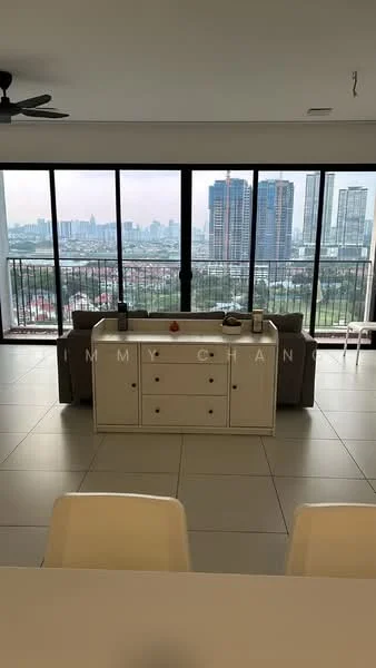 Living features: floor-to-ceiling windows, sliding glass door, grey fabric sofa, white console table, decorative items on console, ceiling fan, tile flooring, city skyline view; style: modern; view: city.