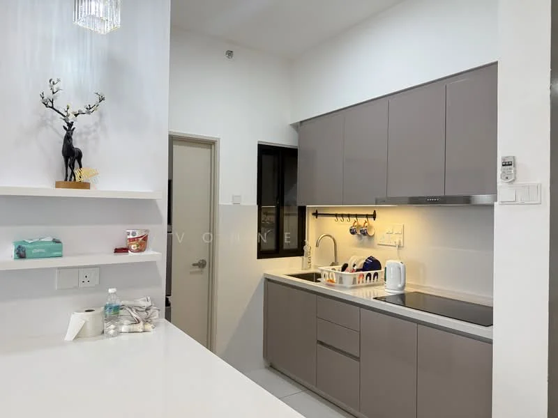 Kitchen features: grey cabinetry, white countertop, single-bowl stainless-steel sink, chrome pull-down faucet, built-in oven, freestanding kettle, white toaster, wall-mounted shelf, recessed downlights, decorative deer figurine, black window, white backsplash; style: modern.