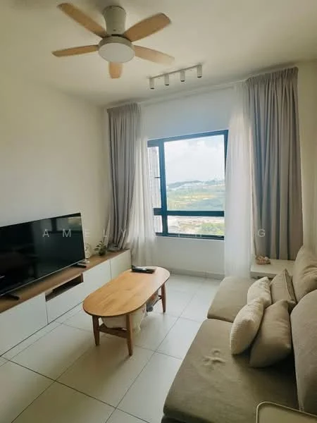 Living features: 3-seater fabric sofa in light beige, wooden coffee table, wall-mounted TV, ceiling fan with 5 blades, floor-to-ceiling window, sheer curtains, white painted walls, tile flooring, decorative cushions; style: modern; view: city.