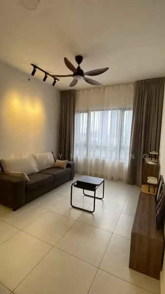 Living features: 3-seater fabric sofa in grey, ceiling fan with integrated light, coffee table, TV console, wall-mounted TV, floor-to-ceiling windows, sheer curtains, dark brown wooden flooring, light grey painted walls, recessed lighting; style: modern; view: city.