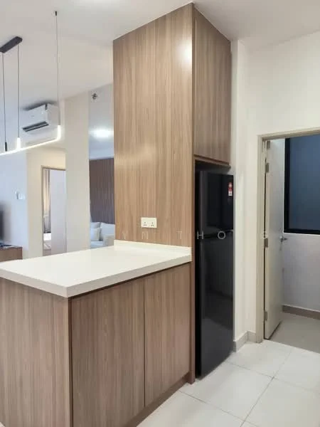 Kitchen features: laminate cabinetry in wood finish, white quartz countertop, stainless-steel fridge, built-in cabinetry, pendant lighting, wall-mounted split AC, white tiled flooring, open layout; style: modern.