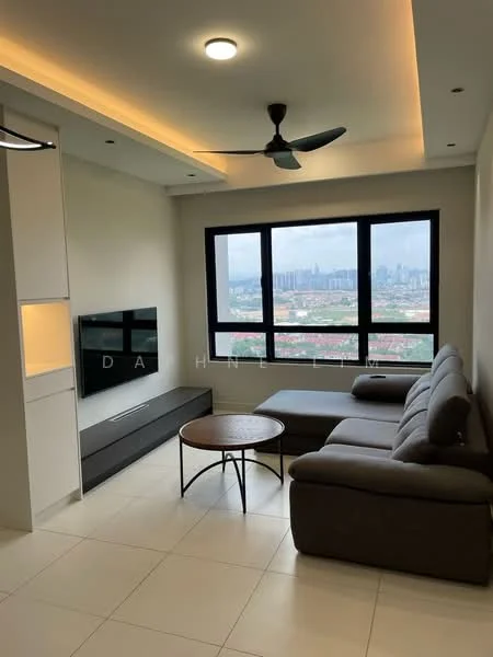 Living features: L-shape sectional sofa in grey, round coffee table, wall-mounted TV, TV console in dark wood, floor-to-ceiling windows, city view, recessed downlights, ceiling fan, light-colored walls, white tiled flooring; style: modern; view: city.