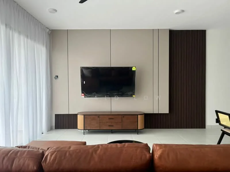 Living features: brown leather sofa, wall-mounted TV, wooden TV console, light grey wall, textured accent wall, recessed ceiling lights, white sheer curtains, grey tiled flooring; style: modern.