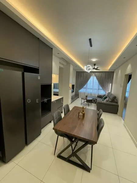 Dining features: 6-seater dining table, dark wood dining table, black upholstered dining chairs, pendant light above table, white walls, recessed lighting, tile flooring, open layout to kitchen and living area; style: modern. Kitchen features: black refrigerator, dark cabinetry, white countertop, built-in oven, stainless-steel sink, chrome faucet, open shelving, tile backsplash; style: modern. Living features: grey fabric sofa, coffee table, TV console, wall-mounted TV, curtains, recessed lighting, floor-to-ceiling windows, area rug; style: modern.