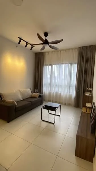 Living features: 3-seater fabric sofa in grey, ceiling fan with light, coffee table, TV console, wall-mounted TV, floor-to-ceiling windows, sheer curtains, curtains in beige, light-colored tiled flooring, decorative wall with light, neutral painted walls; style: modern; view: city.