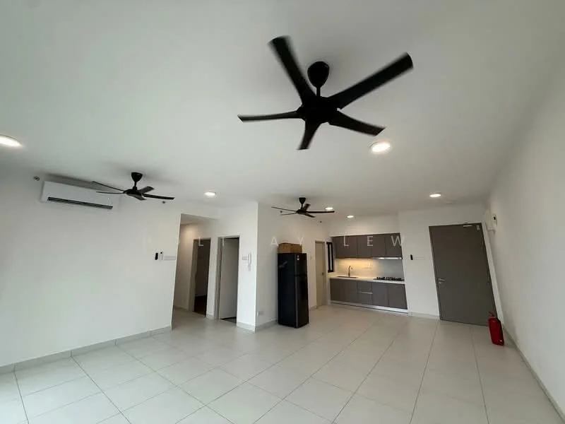 Living features: white painted walls, tile flooring, 2 ceiling fans, recessed downlights, wall-mounted split AC, open kitchen layout, black refrigerator, kitchen cabinetry, grey countertops, door to hallway, fire extinguisher; style: modern. Kitchen features: grey cabinetry, stainless-steel sink, built-in oven, 4-burner gas hob, exhaust hood; style: modern.
