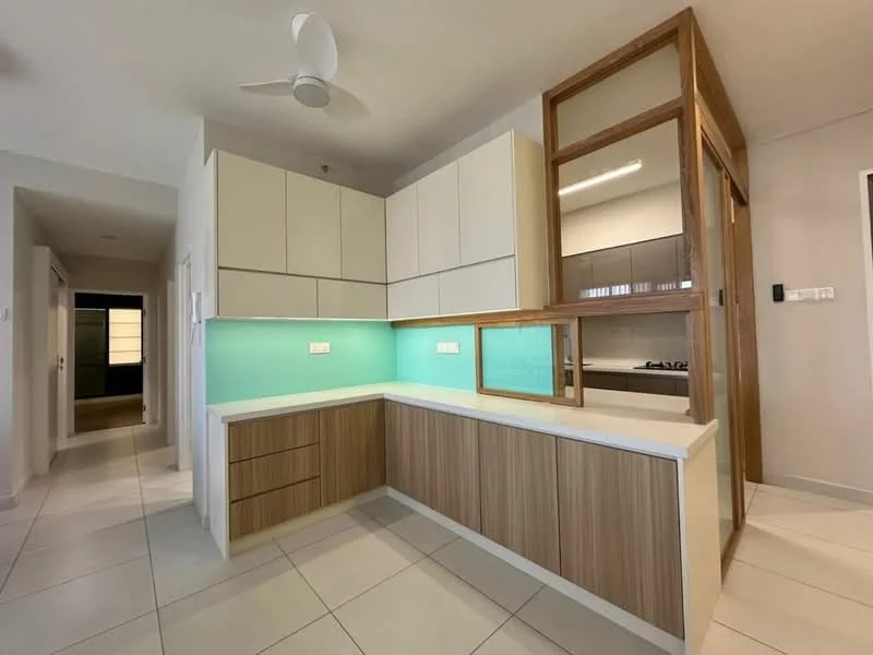 Kitchen features: L-shaped kitchen layout, white cabinetry with flat-panel doors, wooden lower cabinets, light blue backsplash, white countertop, built-in stove, recessed lighting, ceiling fan, tile flooring, open shelving, kitchen island with storage; style: modern.
