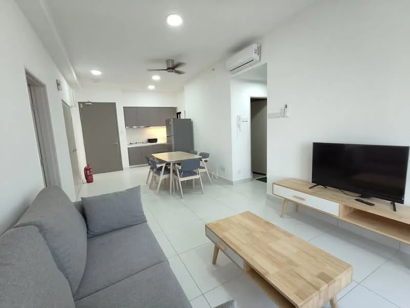 Living features: grey fabric sofa, wood coffee table, TV console, wall-mounted TV, 5-blade ceiling fan with light, white painted walls, tile flooring, air conditioning unit, dining table with chairs, open layout to kitchen, natural light from windows; style: modern. Kitchen features: stainless-steel fridge, built-in oven, freestanding range oven, white cabinetry, grey countertops, open-plan layout, tile flooring; style: modern.