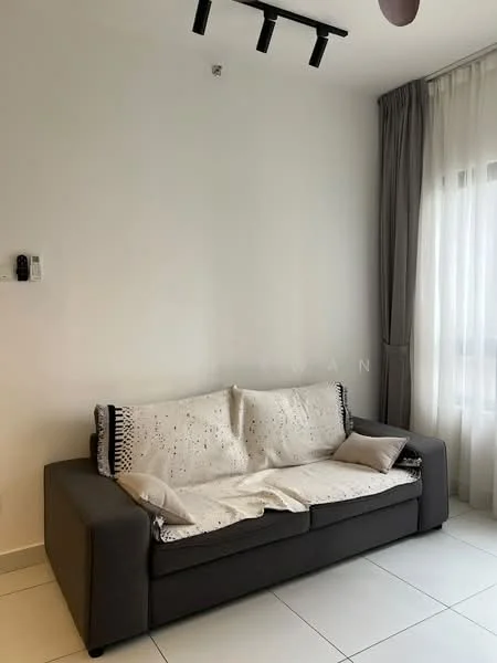 Living features: 3-seater fabric sofa in grey, decorative throw blanket, floor-to-ceiling windows, sheer curtains, white painted walls, recessed LED downlights, tile flooring; style: modern.