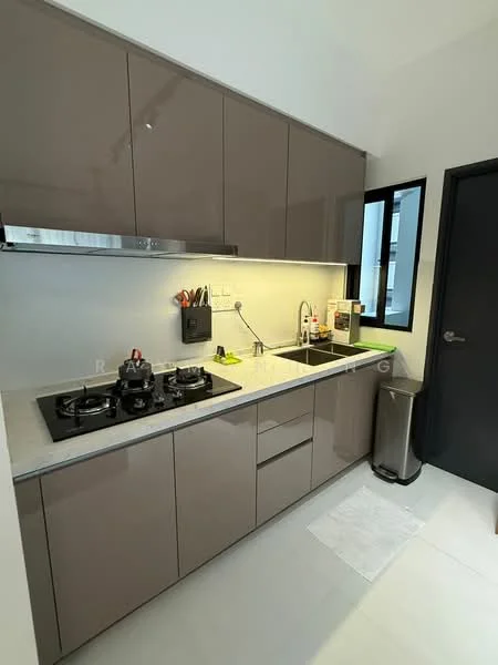 Kitchen features: grey flat-panel cabinets, white quartz countertop, stainless-steel sink, chrome pull-down faucet, 4-burner gas hob, built-in range hood, black backsplash, recessed downlights, window with black frame, kitchen towel on floor, trash bin; style: modern.