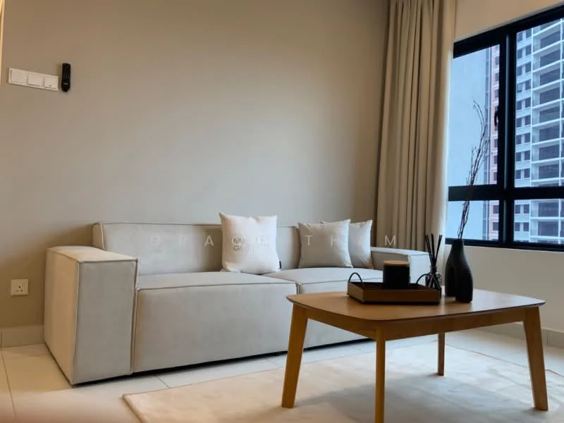 Living features: beige fabric sofa, decorative cushions, wooden coffee table, area rug, floor-to-ceiling windows, curtains, light-colored walls, white tiled flooring; style: modern; view: city.