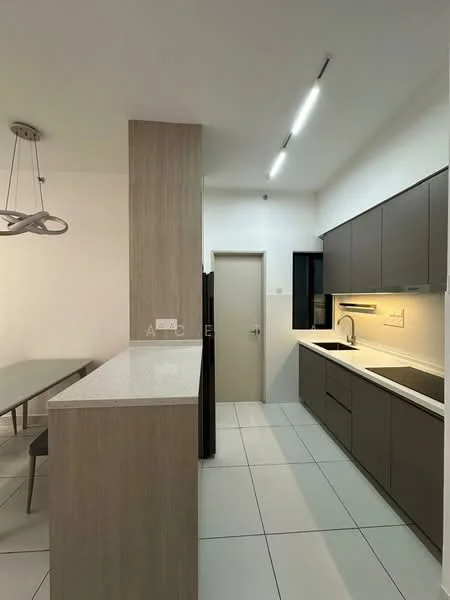 Kitchen features: grey cabinetry, white countertop, single-bowl stainless-steel sink, chrome pull-down faucet, built-in oven, freestanding fridge, recessed LED downlights, tile flooring, wall-mounted cabinets, kitchen island, window above sink; style: modern.