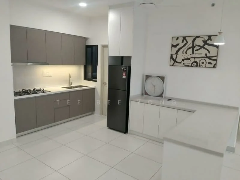 Kitchen features: grey flat-panel cabinets, white upper cabinets, white quartz countertop, stainless-steel sink, chrome pull-down faucet, 4-burner gas hob, built-in oven, stainless-steel fridge, pendant light, recessed downlights, tile flooring, wall-mounted clock, abstract wall art; style: modern.
