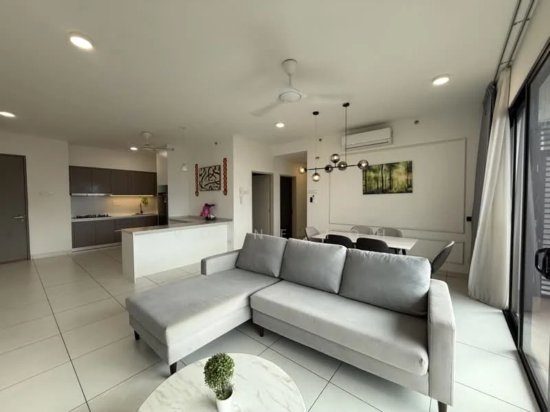Living features: L-shape sectional sofa in grey, marble coffee table, 5-blade ceiling fan with light, recessed LED downlights, floor-to-ceiling windows, sliding glass door, white walls, tile flooring, decorative wall art, plant in ceramic pot; style: modern; view: city. Kitchen features: kitchen island with seating, stainless-steel sink, built-in oven, 4-burner gas hob, grey cabinetry, white countertop, refrigerator, exhaust hood; style: modern. Dining features: 6-seater dining table, upholstered dining chairs, pendant lighting, white walls, tile flooring; style: modern.