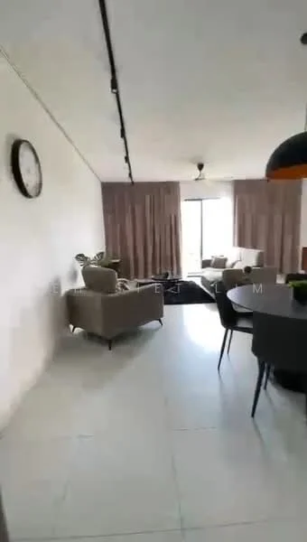Living features: light grey walls, white ceiling, 5-blade ceiling fan with light, floor-to-ceiling windows, sheer curtains, dark area rug, 2-seater fabric sofa in light grey, 1-armchair in light grey, round dining table, black dining chairs, decorative wall clock; style: modern.