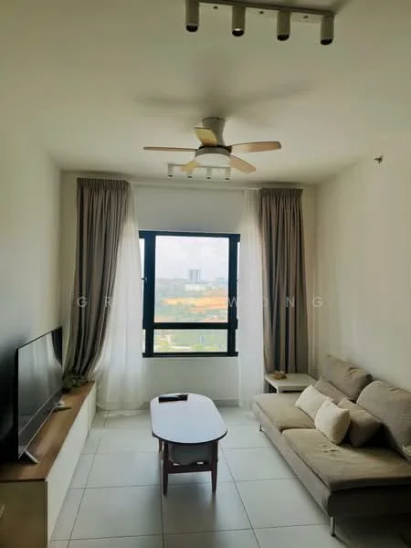 Living features: 3-seater fabric sofa in light grey, wooden coffee table, wall-mounted TV, floor-to-ceiling windows, sheer curtains, 5-blade ceiling fan with light, light-coloured tiled flooring, decorative wall art; style: modern; view: city.